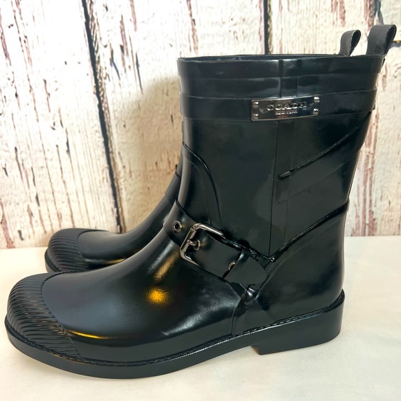 Coach Lester Rubber Shiny Black Short Galoshes Rain Boots Size 8 Waterproof